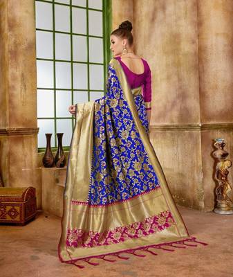 Blue woven silk blend saree with blouse 2
