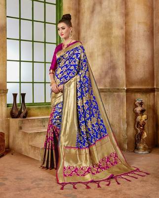 Blue woven silk blend saree with blouse 3