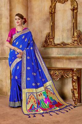 Blue woven silk blend saree with blouse 1