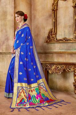 Blue woven silk blend saree with blouse 3