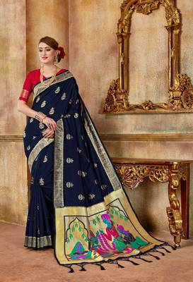 Blue woven silk blend saree with blouse 1