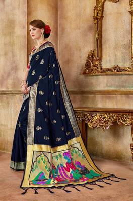 Blue woven silk blend saree with blouse 3