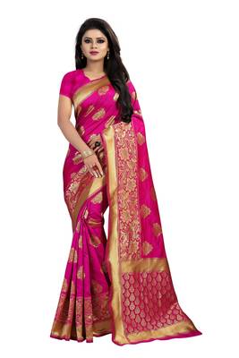 Pink printed cotton silk saree with blouse 1
