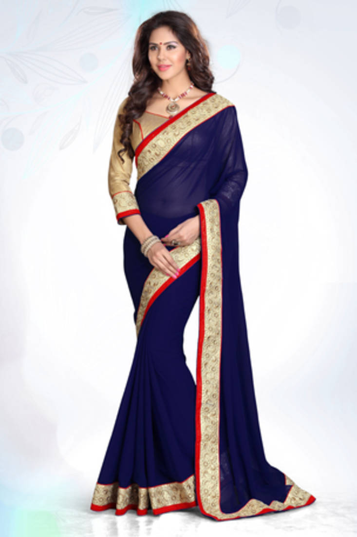 Navy Blue embroidered georgette saree with blouse