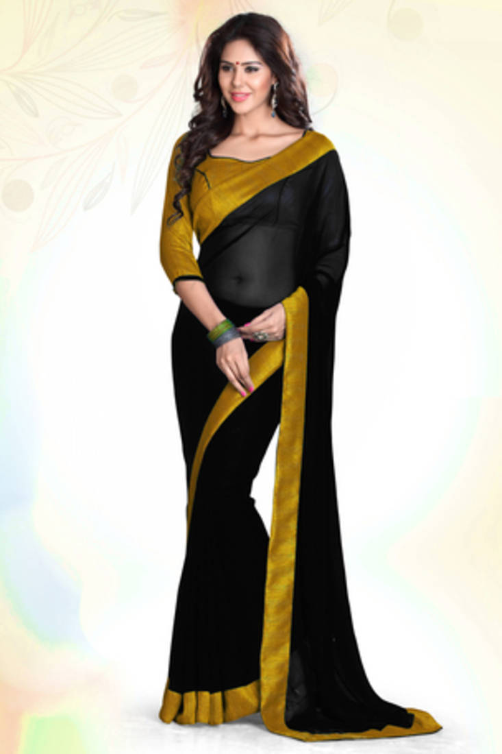 Black - Mustard plain georgette saree with blouse