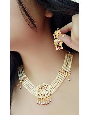 Beaded Choker Jadau Work Flower Design Necklace Set with Earrings for Women 1