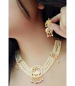 Beaded Choker Jadau Work Flower Design Necklace Set with Earrings for Women