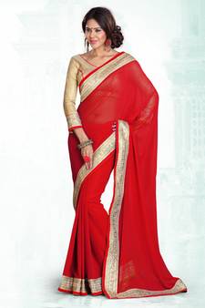 Red embroidered georgette saree with blouse