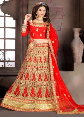 Red Embroidered Net Semi Stitched Lehenga With Dupatta 1
