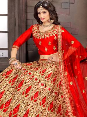 Red Embroidered Net Semi Stitched Lehenga With Dupatta 2