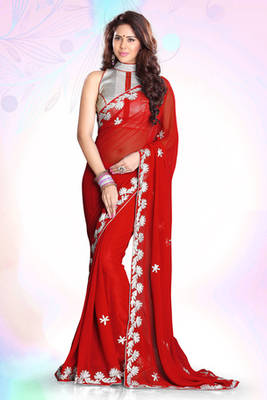 Red embroidered georgette saree with blouse 1