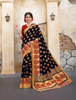 Black woven silk blend saree with blouse 2