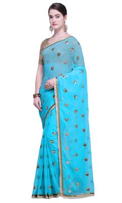 Sky Blue Embroidered Georgette Saree With Blouse 1