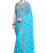 Sky Blue Embroidered Georgette Saree With Blouse