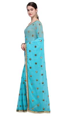 Sky Blue Embroidered Georgette Saree With Blouse 2