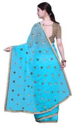 Sky Blue Embroidered Georgette Saree With Blouse 3