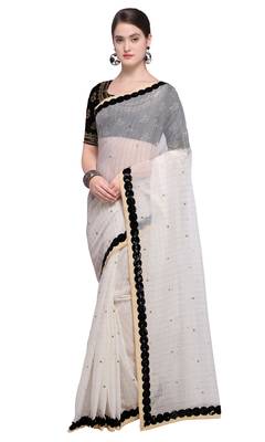 Off White Embroidered Georgette Saree With Blouse 1
