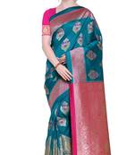 Turquoise woven poly silk saree with blouse