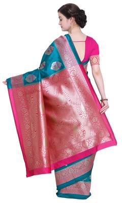 Turquoise woven poly silk saree with blouse 3