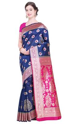 Navy blue woven poly silk saree with blouse 1