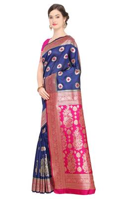Navy blue woven poly silk saree with blouse 2