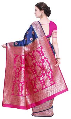 Navy blue woven poly silk saree with blouse 3