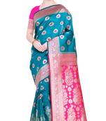 Turquoise woven poly silk saree with blouse