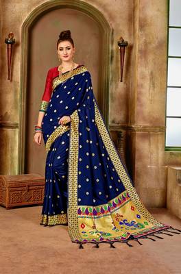 Navy blue woven paithani silk saree with blouse 1