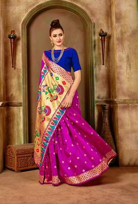 Pink woven paithani silk saree with blouse 4