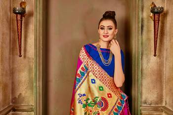 Pink woven paithani silk saree with blouse 5