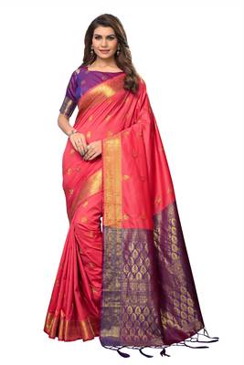 Peach woven silk blend saree with blouse 1