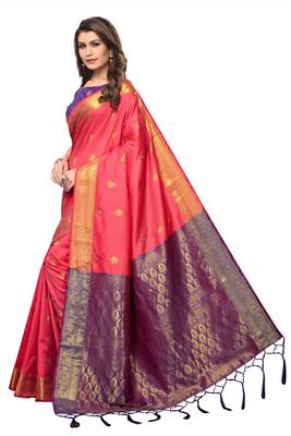 Peach woven silk blend saree with blouse 2