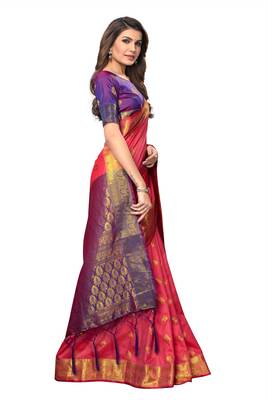 Peach woven silk blend saree with blouse 3