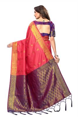 Peach woven silk blend saree with blouse 4