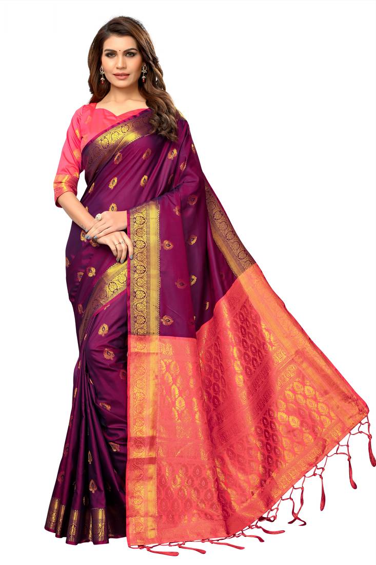 Women's Viscose Silk Purple Woven Design Designer Saree With Blouse Piece