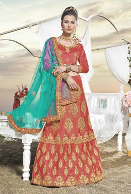Pink Embroidered Silk Semi Stitched Lehenga With Dupatta 1