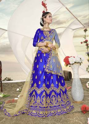 Blue Embroidered Silk Semi Stitched Lehenga With Dupatta 1