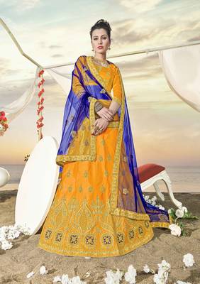 Yellow Embroidered Silk Semi Stitched Lehenga With Dupatta 1