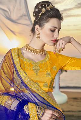 Yellow Embroidered Silk Semi Stitched Lehenga With Dupatta 2
