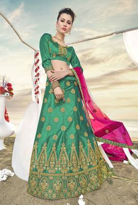Green Embroidered Silk Semi Stitched Lehenga With Dupatta 1