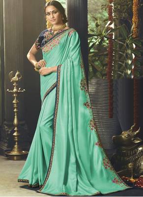 Sky Blue Embroidered Silk Blend Saree With Blouse 1