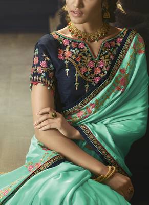 Sky Blue Embroidered Silk Blend Saree With Blouse 2