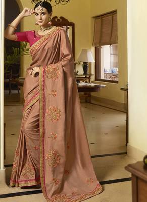 Light Brown Embroidered Silk Blend Saree With Blouse 1