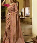Light Brown Embroidered Silk Blend Saree With Blouse