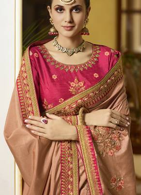 Light Brown Embroidered Silk Blend Saree With Blouse 2