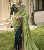 Lime Embroidered Silk Blend Saree With Blouse
