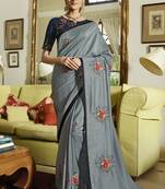 Grey Embroidered Silk Blend Saree With Blouse