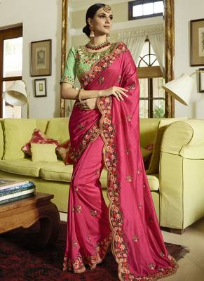 Rani Pink Embroidered Silk Blend Saree With Blouse 1