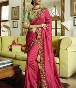 Rani Pink Embroidered Silk Blend Saree With Blouse