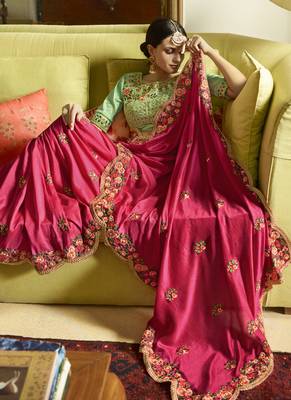 Rani Pink Embroidered Silk Blend Saree With Blouse 2